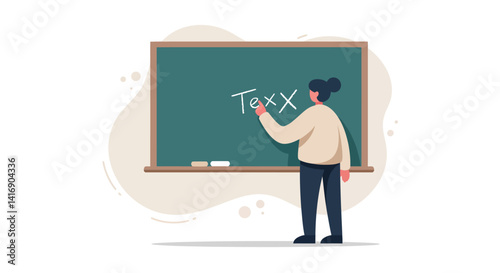 Female teacher writing on green chalkboard in classroom minimal flat design vector illustration