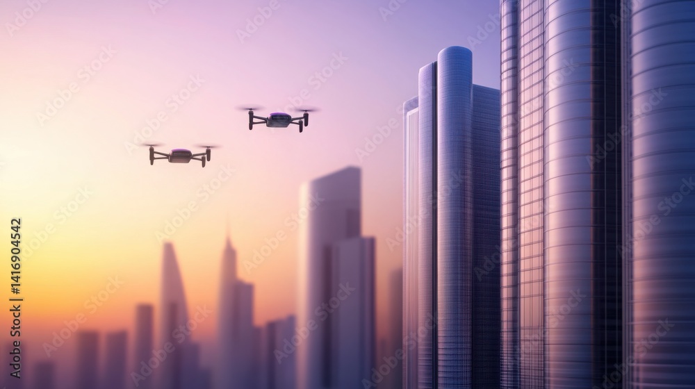 Obraz premium A futuristic city skyline at sunset, with sleek, towering skyscrapers made of glass and metal