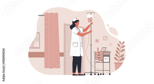 Female nurse adjusting intravenous drip stand in hospital room with medical cart flat minimal vector illustration