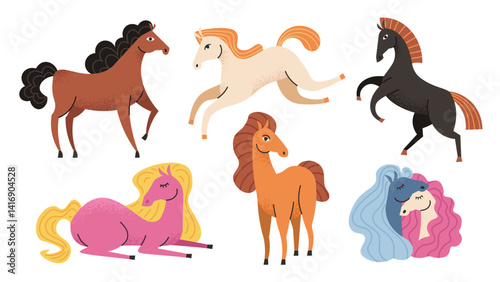 Set of funny cartoon horses. Hand drawn horses. Symbol, mascot of the year 2026. Chinese horse