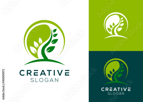 Abstract yin and yang with leaves or plants logo design for nature