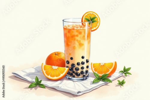 Refreshing orange bubble tea with tapioca pearls, orange slices, and mint leaves - a vibrant and revitalizing drink for a tropical indulgence