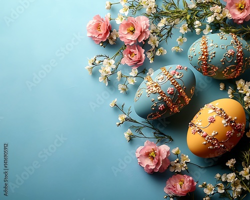 Decorative easter eggs surrounded by spring flowers.