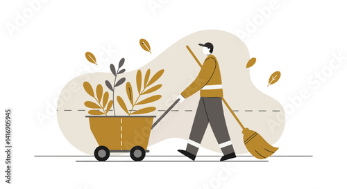 Man sweeping leaves outdoors with a wheelbarrow full of plants in flat minimal vector art
