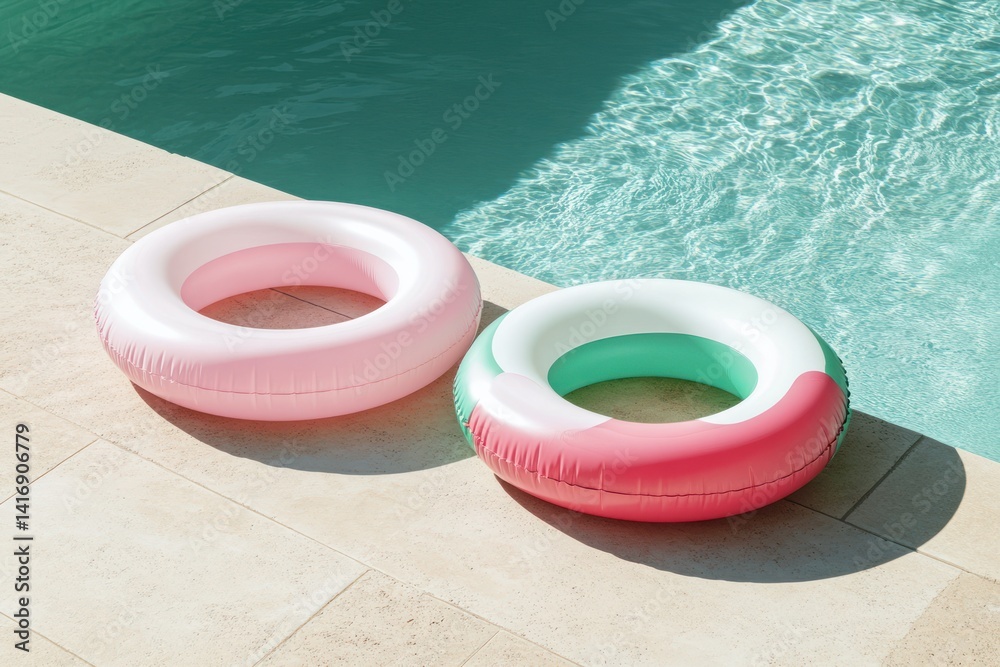 Two vibrant inflatable pool rings rest beside a refreshing pool.