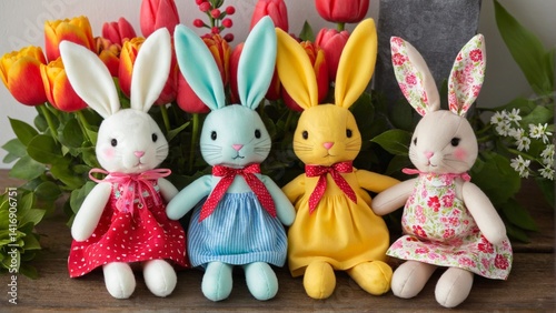Charming handmade bunny dolls in vibrant dresses, surrounded by blooming tulips, evoke a sense of springtime joy and whimsical creativity.