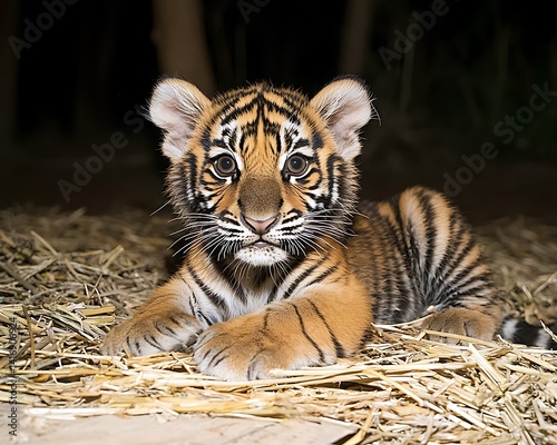 Adorable Sumatran Tiger Cub Posing in Hay.