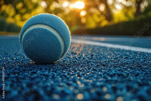 Tennis ball resting on a vibrant court at sunset, highlighting the beauty of evening sports activities