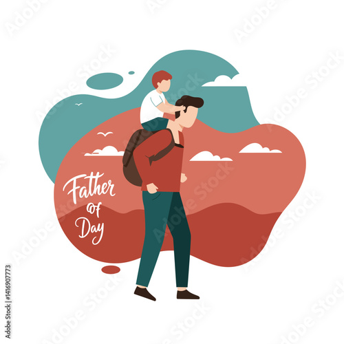Father carrying child on shoulders outdoors with warm sunset background flat design vector illustration