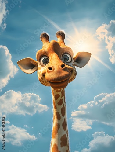 Whimsical Cartoon Giraffe: A Cheerful Animated Animal in Sunlit Clouds - Digital Art Illustration