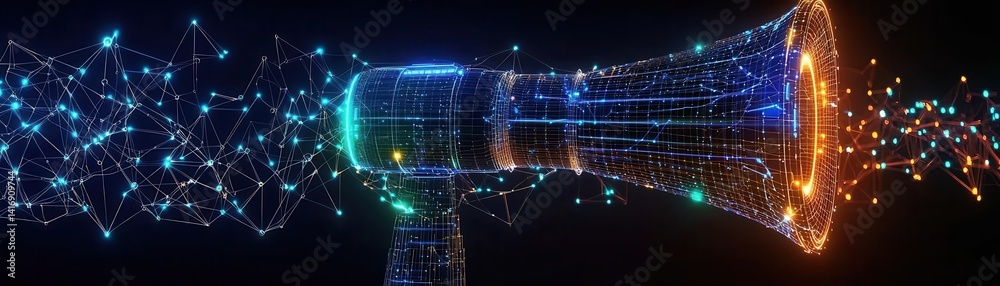 Obraz premium A digital illustration of a megaphone emitting a stream of colorful, interconnected lines, symbolizing communication and technology.
