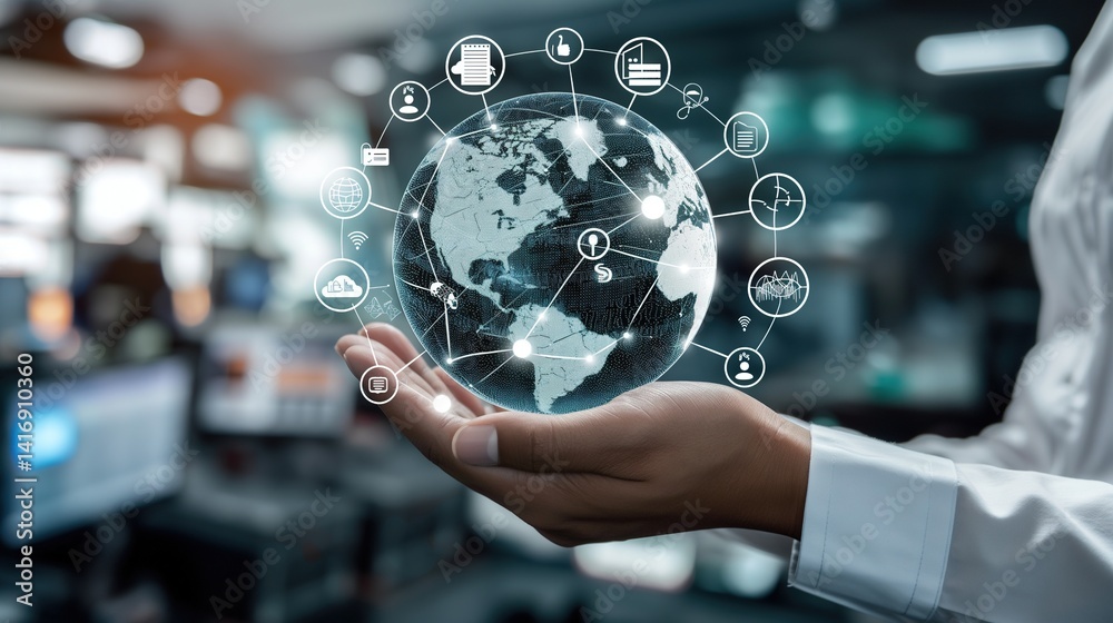 Fototapeta premium Market Link Technology: Virtual Globe with Business Icons