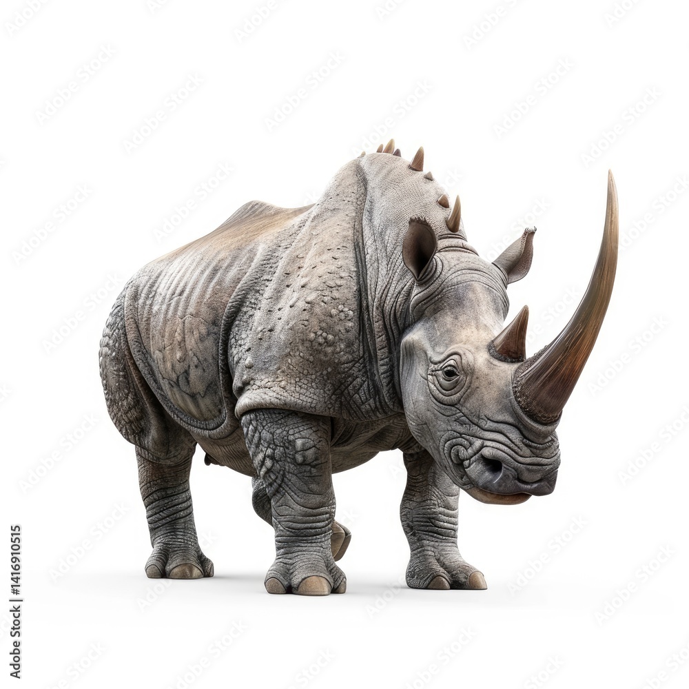 Obraz premium Powerful white rhinoceros stands alert against a white background.