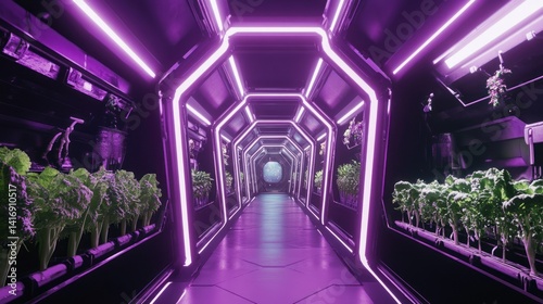 Fototapeta Naklejka Na Ścianę i Meble -  Futuristic hydroponic farm corridor, space station background, plants growing under purple neon lights