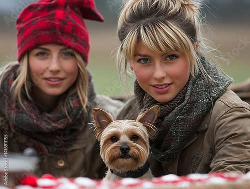 Two women and a dog, dressed warmly, pose for a friendly outdoor portrait.