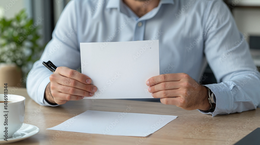 Professional Man Holding Blank Paper in Office Setting Professional Man Holding Blank Paper in Office Setting