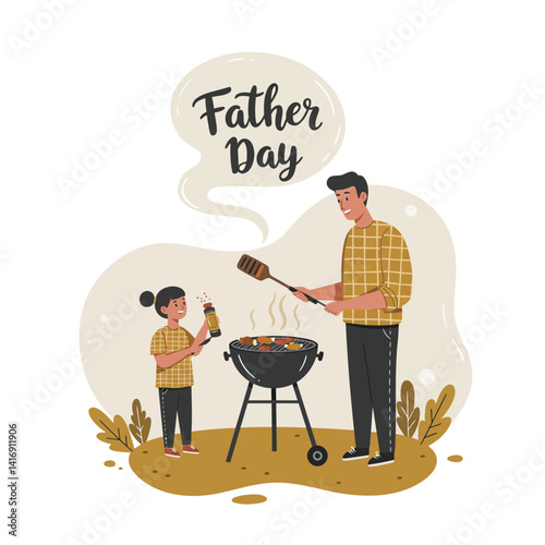Father and daughter cooking barbecue outdoors in flat style celebrating Father Day vector illustration
