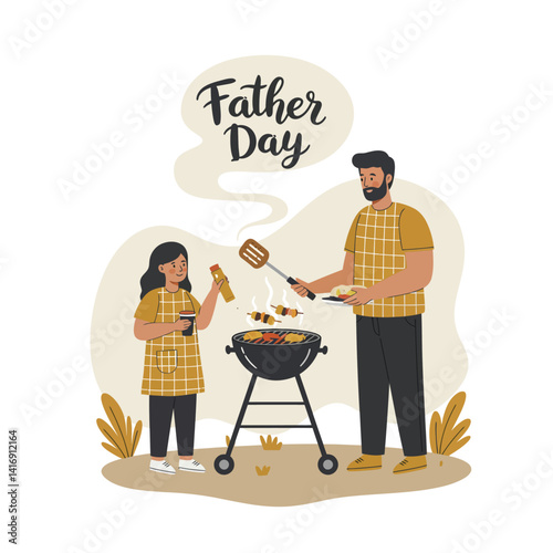 Young boy giving handmade card to smiling father sitting on rug in cozy room flat vector illustration