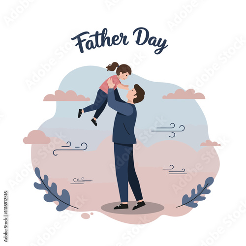 Father lifting daughter outdoors with pastel clouds and gentle breeze in flat minimal style vector illustration