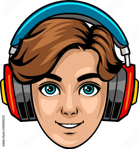 Boy nerd head with headphone isolated cartoon character illustration