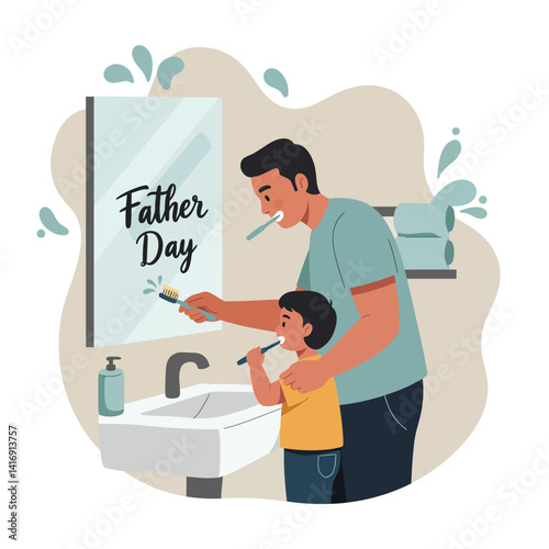 Father and son playing soccer in casual clothes on green field celebrating Father Day flat vector illustration