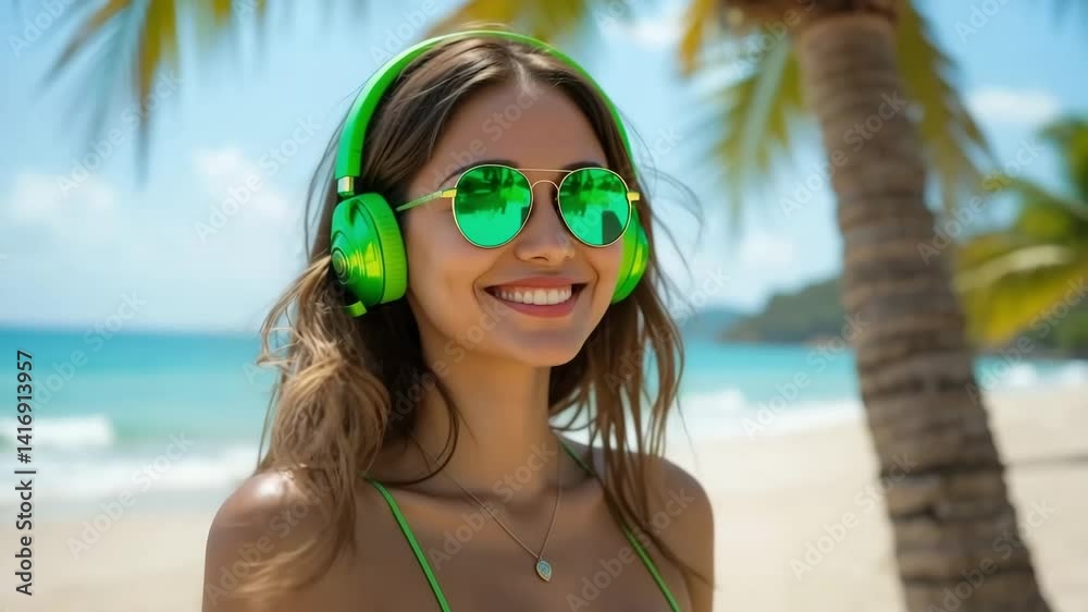 Attractive happy smiling woman listening to music in colorful shiny green headphones on the beach in summer style behind palm tree, fashion trend, happy, wearing green bright top and green bright glas