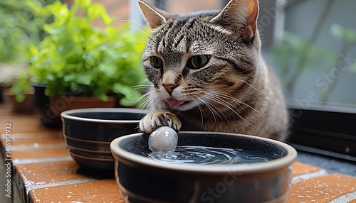 Grey tabby cat playing with a stone in water dish.