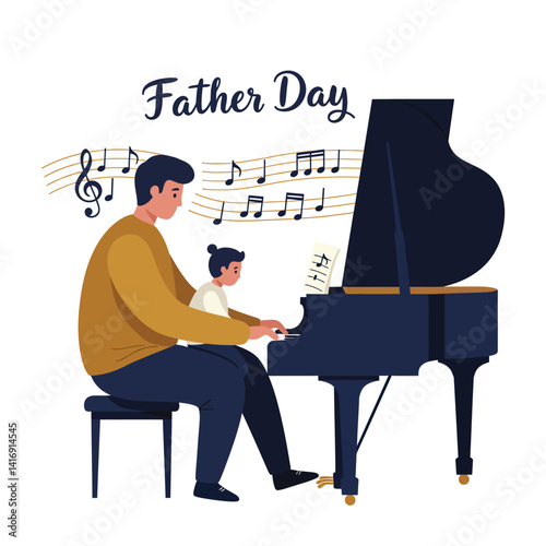 Father and son playing grand piano together in flat design style celebrating Fathers Day vector illustration
