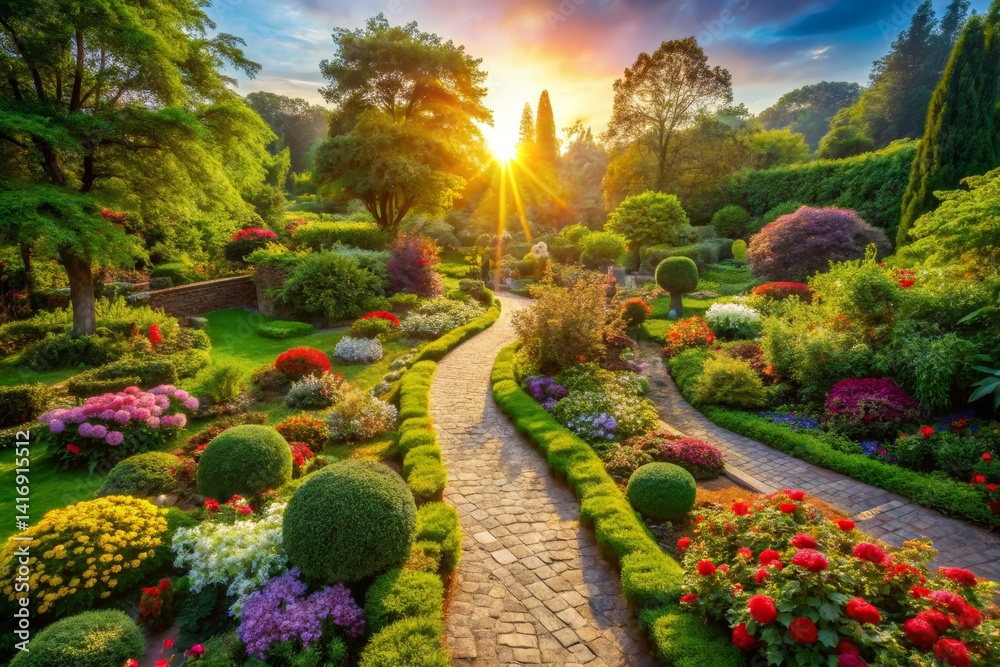 Obraz premium Lush Garden Pathway at Sunset