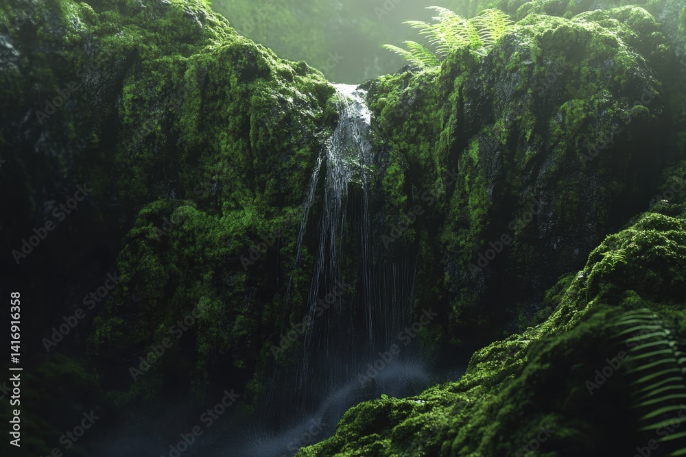 Lush rainforest waterfall cascading over mossy rocks. Lush rainforest waterfall cascading over mossy rocks.