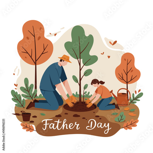 Father and son planting young tree in autumn park flat design illustration for Father Day vector art