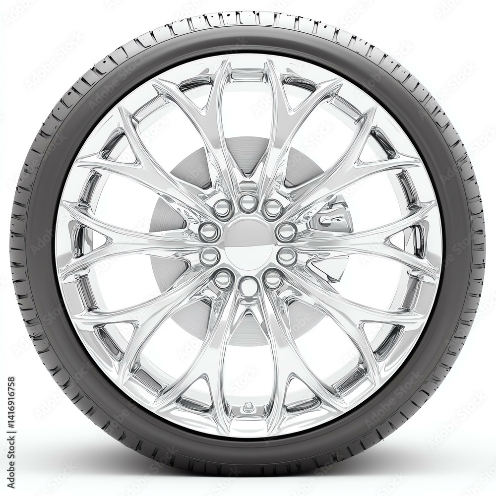 Fototapeta premium Shiny chrome wheel with intricate design.