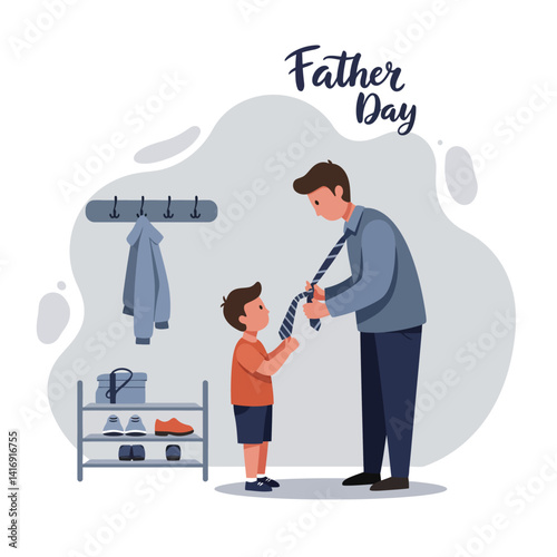 Father receiving breakfast in bed from three happy children with balloons in flat style vector illustration