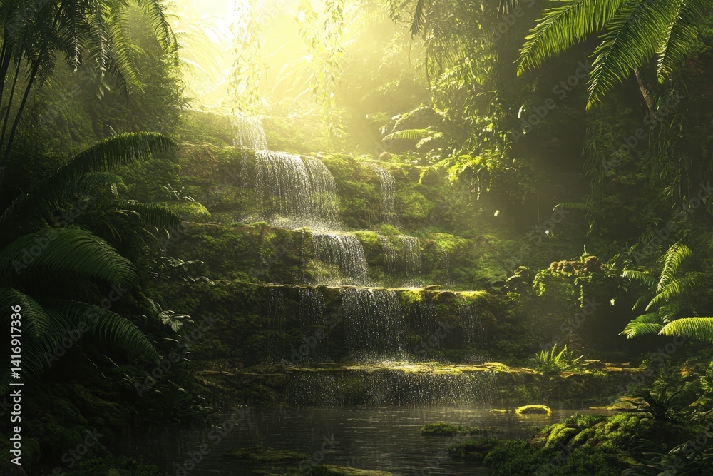 Obraz premium Lush jungle cascading waterfalls bathed in morning light.