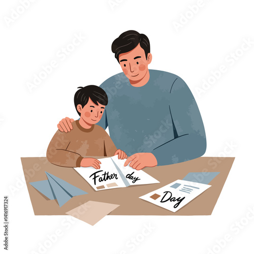 Father and child riding tandem bicycle outdoors in flat design with autumn trees and Father Day lettering vector illustration