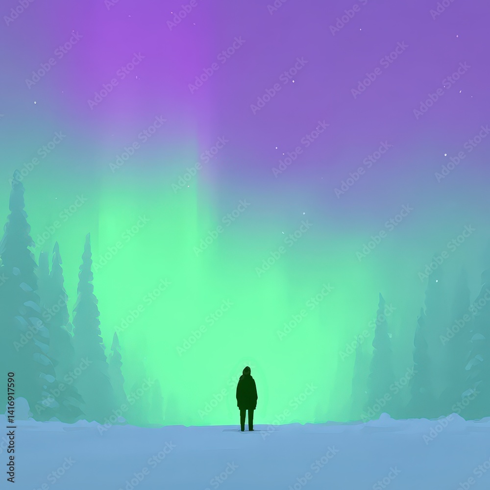 Obraz premium Snow-draped trees surrounding wanderer, green and purple aurora illuminating night