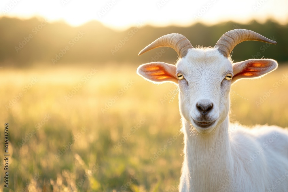 Obraz premium Goat standing in sunlit field at sunset