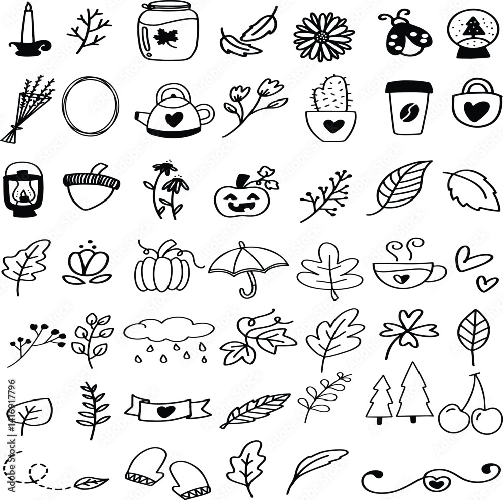 Obraz premium Different Icon Illustration Bundle – Unique Hand-Drawn Icons Collection, Diverse Elements Set for Creative Projects, Posters, Web Design, Stickers, Crafts, Presentations, and Digital Artwork