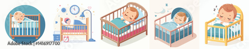 Vector of a baby sleeping in a crib.