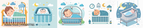 Vector of a baby sleeping in a crib.