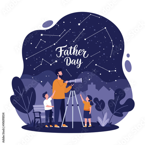 Father and child observing stars through telescope under constellation sky flat design vector illustration