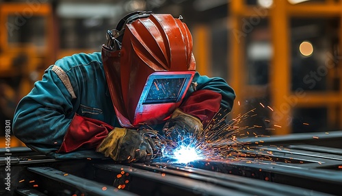 Industrial worker welds metal in a factory setting.