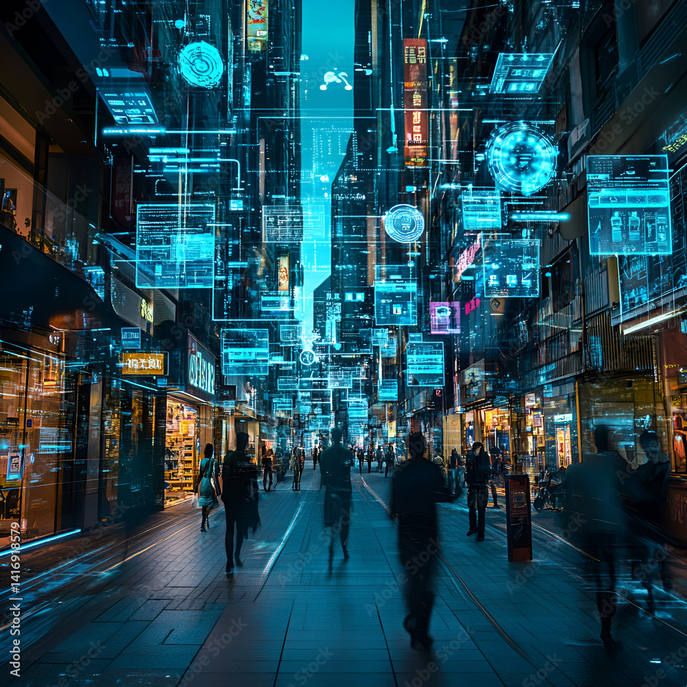 Obraz premium Futuristic digital experience urban alley visual art neon environment street level viewpoint technology concepts