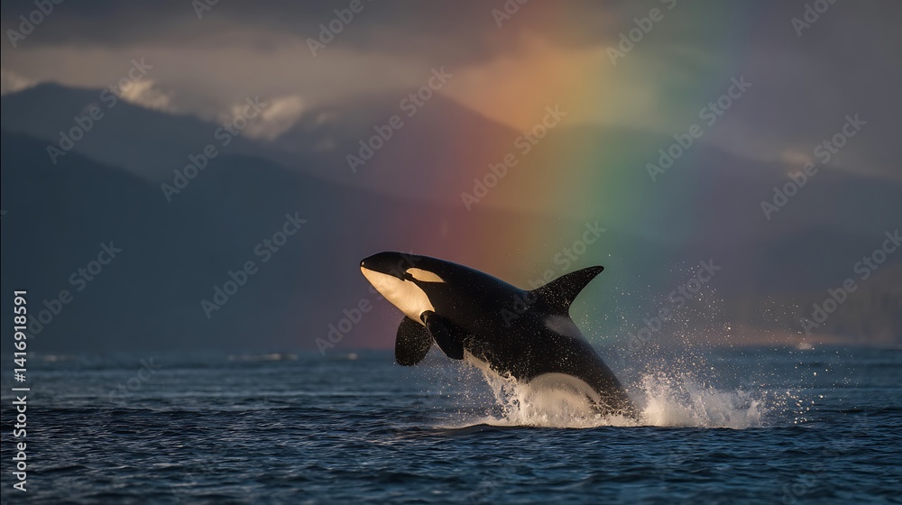 Fototapeta premium Orca breaching under a vibrant rainbow