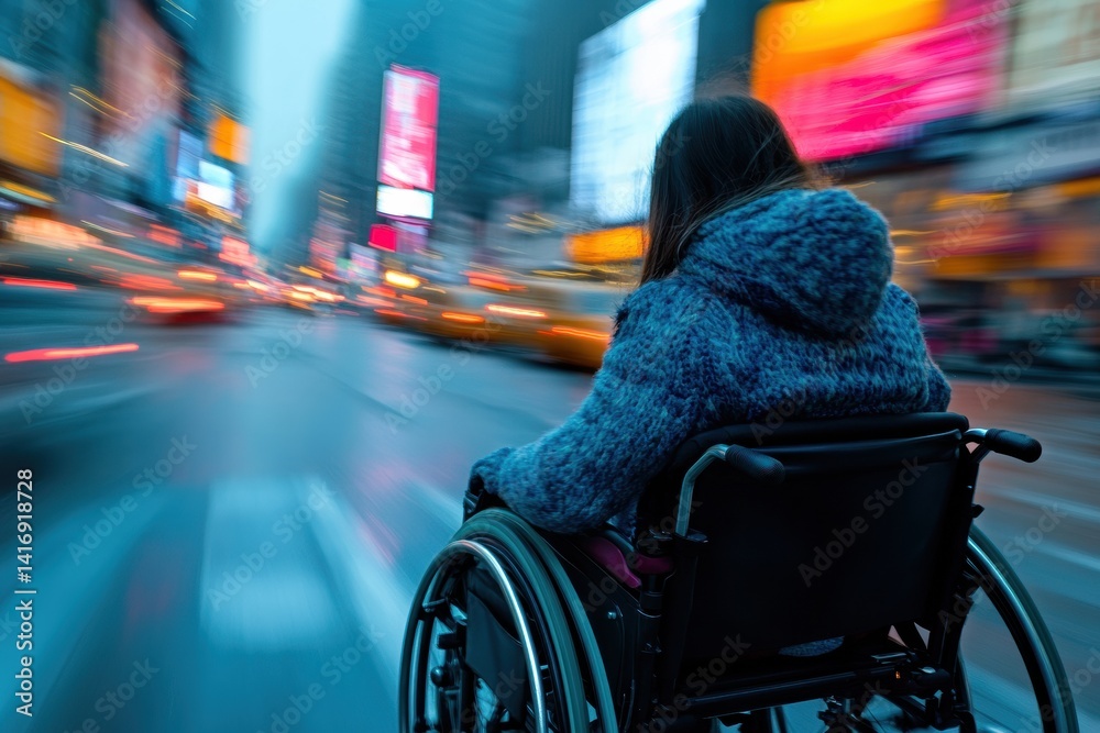 Obraz premium Female in wheelchair navigating busy urban street at dusk