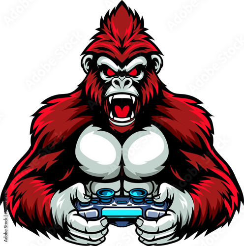 Red Angry Gorilla Monkey playing game with joystick and headphone isolated cartoon character illustration