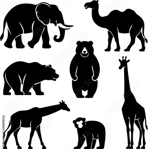 A black vector silhouette collection features wild and farm animals like horse, elephant, dog, cow, cat, tiger, bear, giraffe, deer, goat, and bull icons, representing zoo and nature wildlife illustra