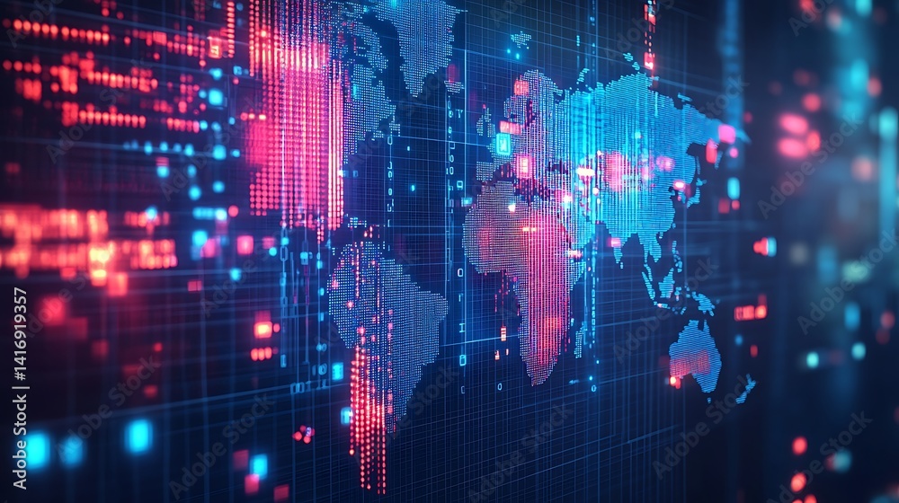 Obraz premium Futuristic Digital World Map with Glowing Circuits, Futuristic digital world map with glowing orange and blue circuits