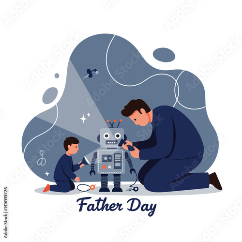 Father and daughter assembling robot together in modern flat design style family bonding vector illustration
