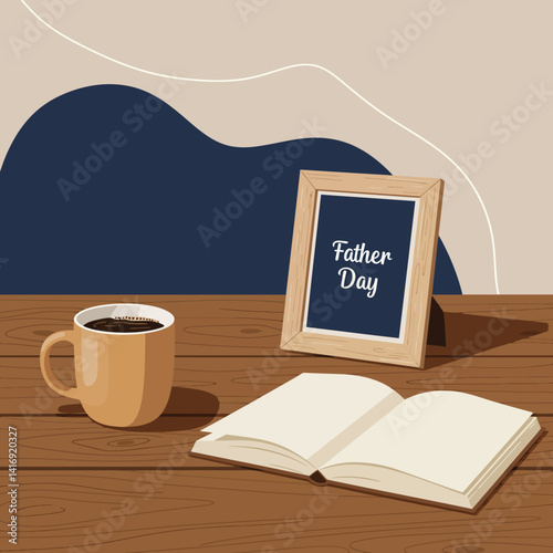 Coffee cup with steam and Father Day frame alongside open and closed notebooks on wooden table flat vector illustration